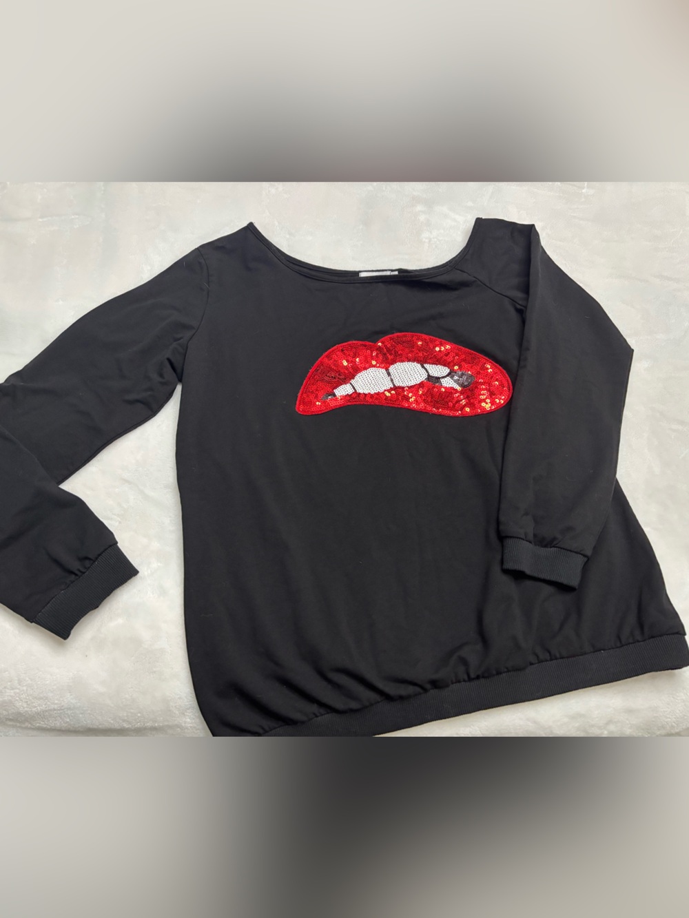 Magic Black Sweatshirt with Red Sequin Lip Appliqué